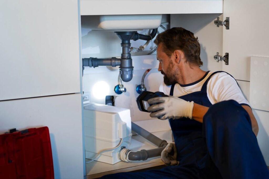 Plumber inspecting a water heater to determine repair or replacement in a Wichita home.